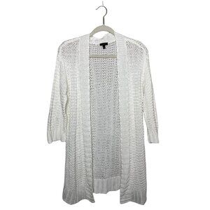 Talbots Cable Knit Cardigan Size XS White Mid Length Open Front 100% Cotton